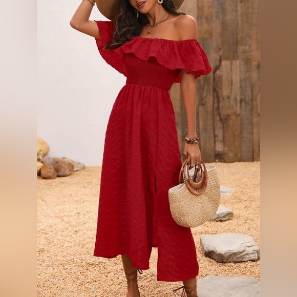Red Off Shoulder Dress Midi with Side Leg Slit - Picture 4 of 7